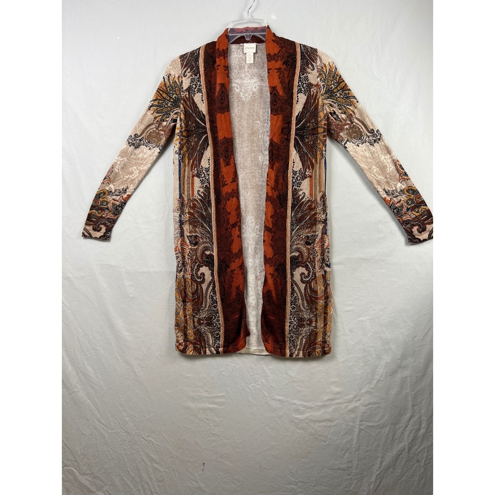Chico's Cardigan Women 0 XS S Rust Brown Paisley Longline Boho Artsy Duster Knit